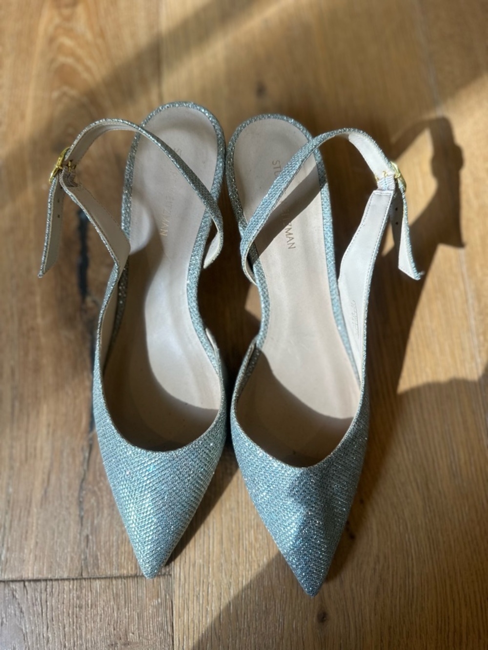 Stuart Weitzman Silver Glitter Slingback Pointed Toe Kitten Heel | Size 7 - Picture 3 of 7